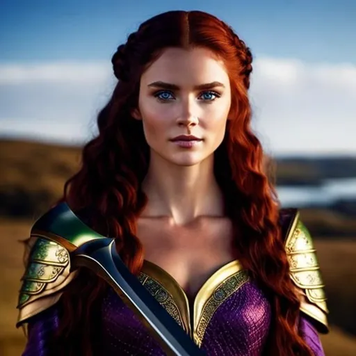 Prompt: beautiful medieval warrior queen with wavy auburn hair, green eyes wearing a purple dress, brandishing a sword