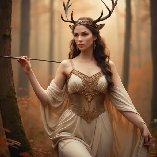 Prompt: Stunningly beautiful goddess of the hunt, striking pose, detailed facial features, highres, classical painting, warm tones, soft lighting, elegant attire, serene expression, ethereal beauty, forest backgrounnd