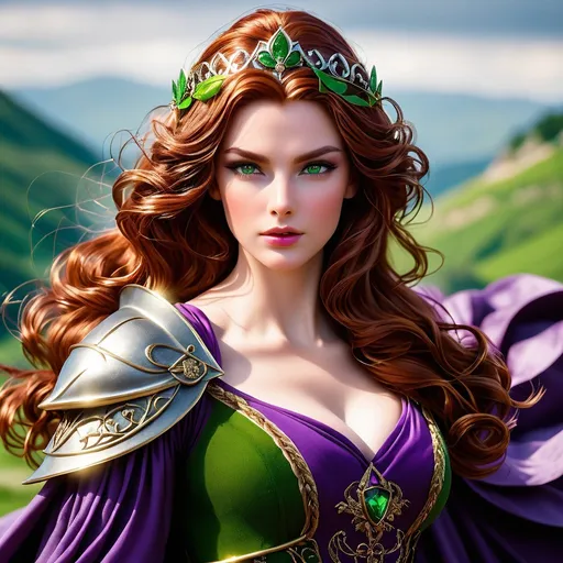 Prompt: beautiful medieval warrior queen with wavy auburn hair, green eyes wearing a purple dress, brandishing a sword
