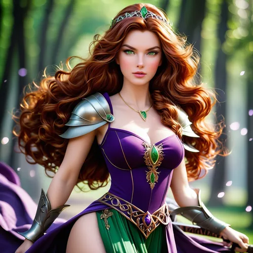 Prompt: beautiful medieval warrior queen with wavy auburn hair, green eyes wearing a purple dress, brandishing a sword