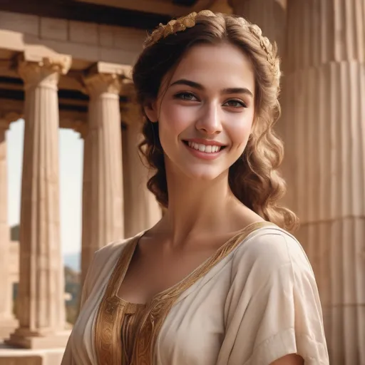 Prompt: Stunningly beautiful Greek temple Maiden, michevious smile, striking pose, detailed facial features, highres, classical painting, warm tones, soft lighting, elegant attire, serene expression, ethereal beauty