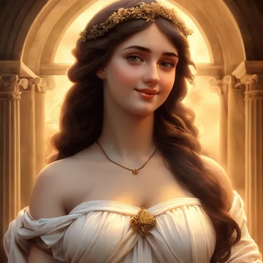 Prompt: Stunningly beautiful Hestia Greek virgin Maiden, sensual smile, striking pose, detailed facial features, highres, classical painting, warm tones, soft lighting, elegant attire, serene expression, ethereal beauty