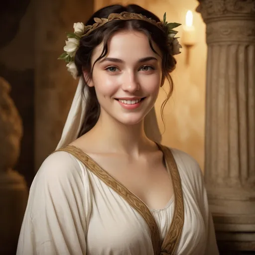 Prompt: Stunningly beautiful Hestia Greek virgin Maiden, michevious smile, striking pose, detailed facial features, highres, classical painting, warm tones, soft lighting, elegant attire, serene expression, ethereal beauty