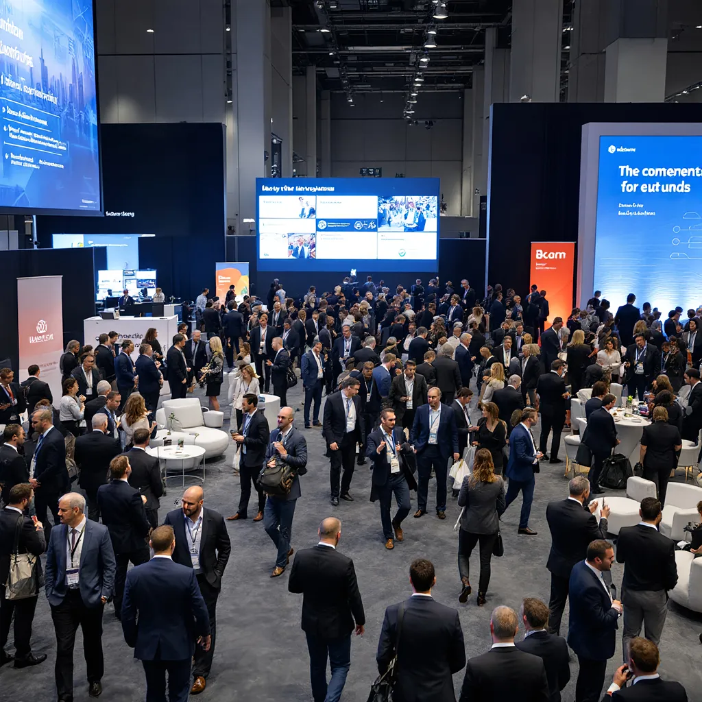 Prompt: A professional conference in a large modern venue, with a diverse group of men and women in business attire, walking around and interacting. Some are engaged in conversations, others are looking at presentations or at a large screen displaying conference information. People wear name badges and have lanyards with their conference accreditation. The atmosphere is busy yet focused, with a clear sense of professionalism. The space is well-lit, with sleek design and modern furniture. There are banners and booths representing different companies or organizations. IT could take place in Bilbao, Spain"