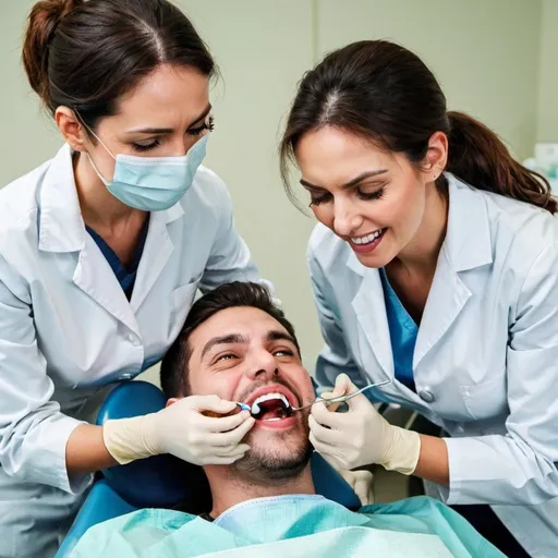 Prompt: A female dentist treating a male patient
