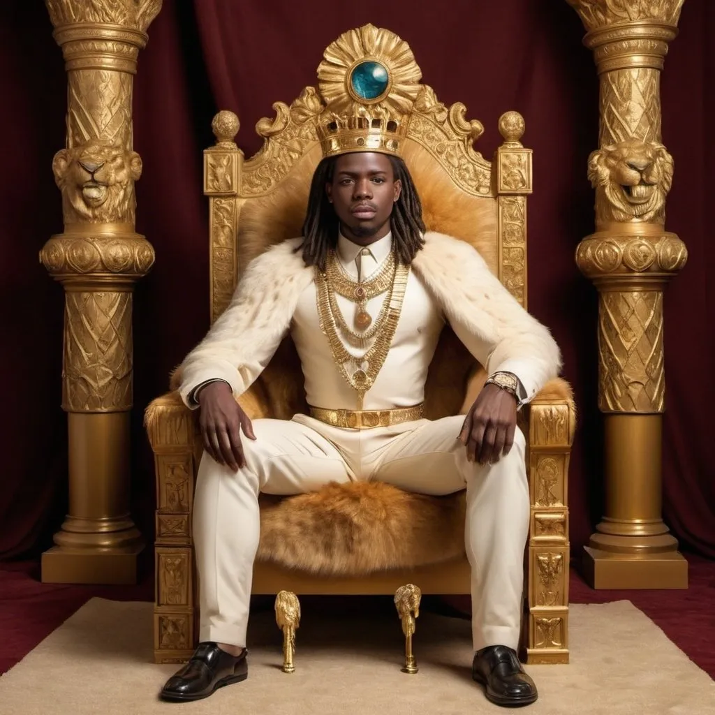 Prompt: A future grown up king of Africa sitting on a grand golden throne, with a lion's hide' under his feet in a palacial and a scepter made of the rarerest diamond