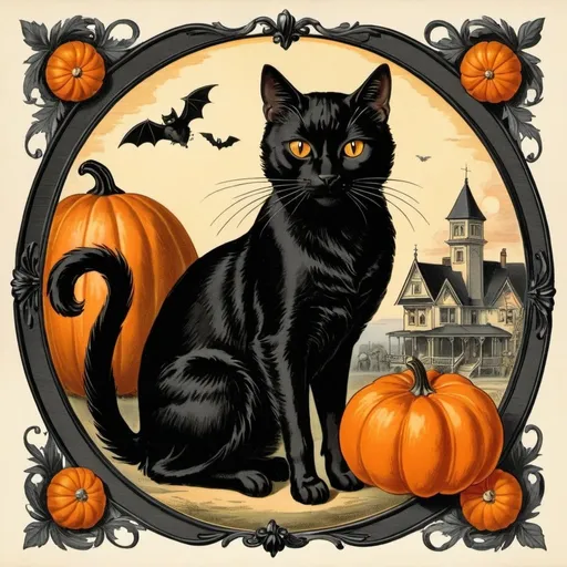 Prompt: Victorian era Halloween art featuring a black cat and an orange pumpkin.