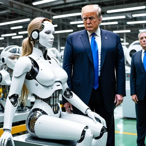 Prompt: Trump inspecting a woman cyborg factory.
