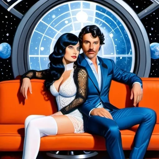 Prompt: A highly detailed painting of a scifi scene of a dark haired alluring intelligent astrophysicist woman hair beautifully styled sensual lacy outfit with a handsome astrophysicist man dj on a parlour couch with a mirror behind.