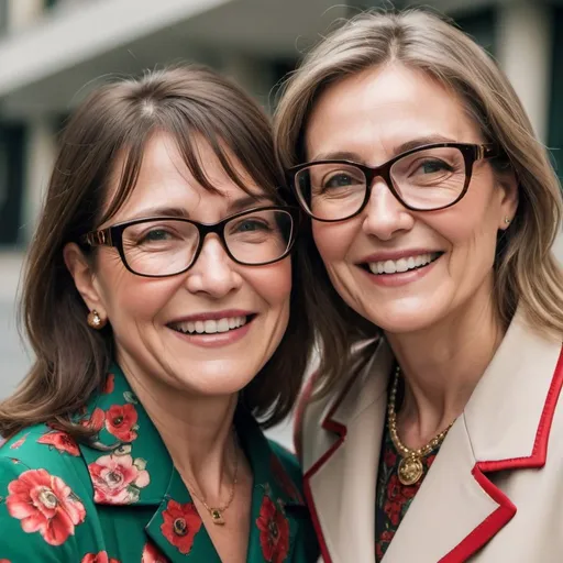 Prompt: mother and daughter (middle aged) both wearing designer optical frames like Gucci and Prada and looking happy 