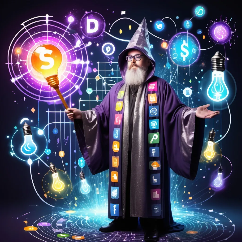 Prompt: Create a fantasy character: a wise marketing wizard wearing a shimmering robe covered in glowing social media icons and graphs. He wields a magical staff with a crystal shaped like a bar chart. He is surrounded by a swirling aura of creative ideas represented by floating lightbulbs, dollar signs, and colorful sparks. The setting is a mystical digital landscape with glowing screens and endless data streams."