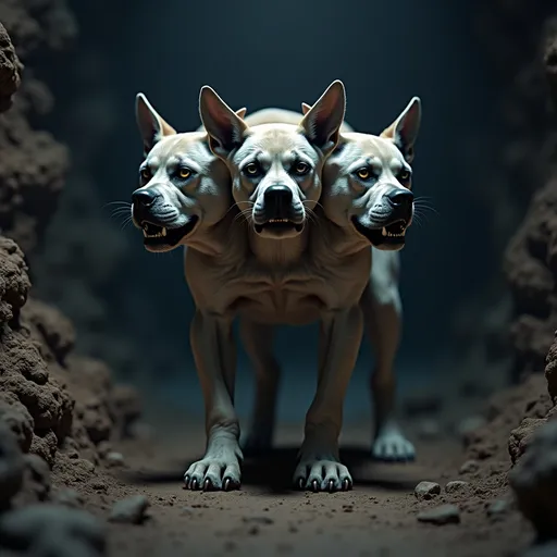 Prompt: intimidating guard dog with three heads. Photorealistic, dramatic perspective, cinematic lighting, Dark, cavernous, subterranean environment

