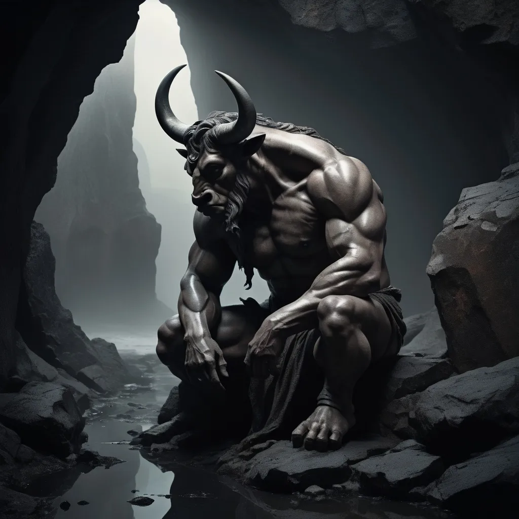 Prompt: minotaur. depressed, self-reflective, regretful demeanor. surreal, underworldly setting