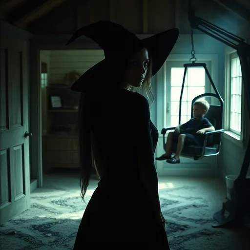 Prompt: A mysterious witch with her back turned, looking over her shoulder, her face partially obscured in shadow, standing in a farmhouse. In a room in the background, a young boy sits in a metal chair, elevated high above the floor on a mechanical arm.