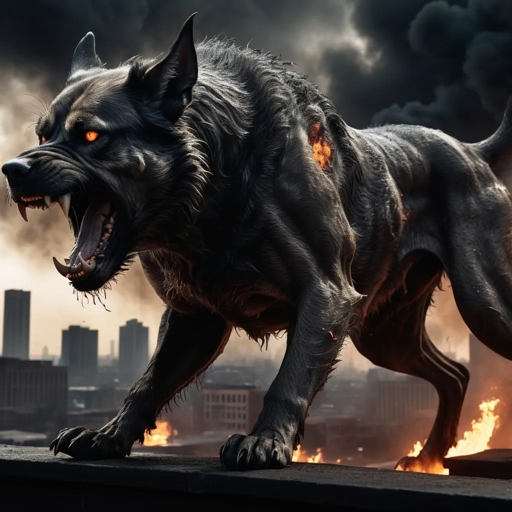 Prompt: Cerberus, baring teeth. Dystopian, urban setting with dark skies and fire.