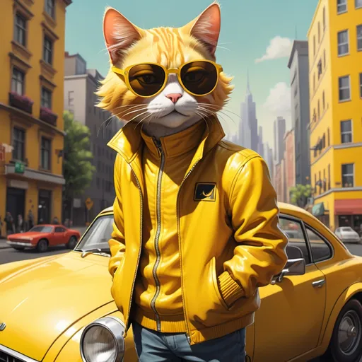 Prompt: a cat with sunglasses on and a yellow jacket on, next to a yellow car and a cityscape, Carlos Catasse, furry art, furry, a screenshot