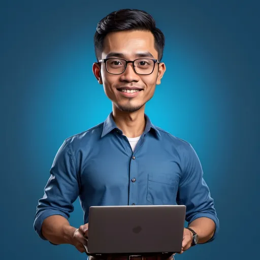 Prompt: Realistic 4D caricature of Indonesian man aged 28yo, wearing work shirt blue color, formal trousers, loafers, standing proudly, holding a laptop, wearing glasses, blue gradient background