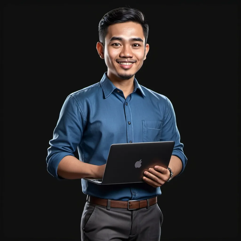 Prompt: Realistic 4D caricature of Indonesian man aged 28yo, wearing work shirt blue color, formal trousers, loafers, standing proudly, holding a laptop, black gradient background