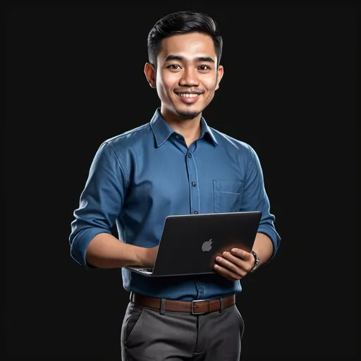 Prompt: Realistic 4D caricature of Indonesian man aged 28yo, wearing work shirt blue color, formal trousers, loafers, standing proudly, holding a laptop, black gradient background