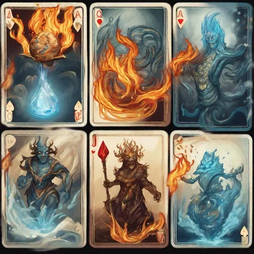 Prompt: fire, water, earth, wind elemental playing cards concept art for a magic based video game