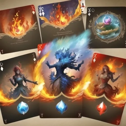 Prompt: fire, water, earth, wind elemental playing cards concept art for a magic based video game