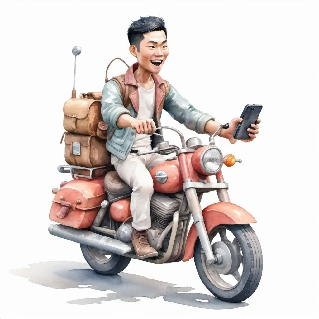 Prompt: 3D render of a whimsical funny illustration depicting an Asian man riding a motorcycle and using a smartphone while driving on the road. White background watercolor illustration, detailed and structured.