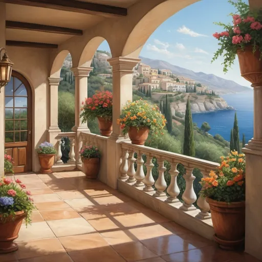 Prompt: (a large Mediterranean balcony), (Trompe-l'œil style), (realism style) vibrant colors, (natural lighting), breathtaking landscape view, cascading flowers on the balcony, detailed textures of wood and glass, serene atmosphere, potted flowers and shrubs in the foreground,  realistic trees, expansive hills in the background with homes and a catholic church,  ultra-detailed, high quality, captivating scene inviting the viewer to escape into beauty.