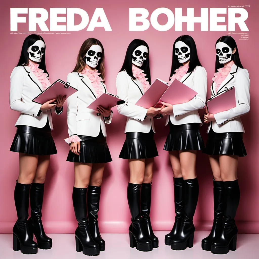 Prompt: The front cover of a glossy magazine called Frieda Boher depicting a group of Skull-Faced Frieda Boher clones dressed in white silk blouses, black jackets, short leather skirts and black leather knee boots holding a clipboard surround a kneeling sissy wearing a pink frilly dress. They say "You will lick our boots forever, Sasha."