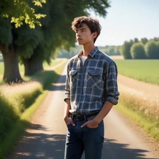 Prompt: Beneath a clear blue sky, a young man stands confidently on a rural road flanked by lush green fields. Dressed in a light-colored plaid shirt and dark jeans, he gazes thoughtfully into the distance, with a subtle expression that suggests contemplation. The sunlight casts long shadows on the ground, adding depth to the scene, while the muted tones of the distant buildings harmonize with the vibrant greenery surrounding him. The overall mood conveys a sense of tranquility and introspection, embodying the simplicity and beauty of a pastoral landscape during golden hour.