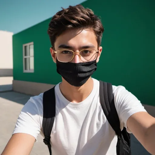 Prompt: Create a high-resolution photo of a young man taking a selfie outdoors. He is wearing a stylish black mask, gold-rimmed glasses, and a fashionable white and black shirt with bold text on it. The man has short, well-styled hair and is carrying a black backpack. The background consists of a green, vertically-ribbed surface. The lighting is bright and natural, casting soft shadows. The camera angle should be slightly tilted, capturing the subject from the chest up. The overall tone of the image should be vibrant and clear, highlighting the contrast between the subject's attire and the background.