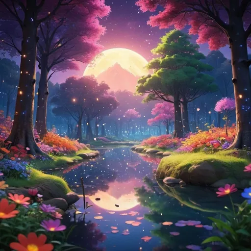 Prompt: /imagine Viral anime nature wallpaper in 4K quality, in the style of Pixar 3D inspired by Coco, showing a lively forest clearing with colorful flowers. animated trees, and a crystal-clear pond reflecting the night sky; warm and festive color temperature, cosmos lighting with stars twinkling in the sky, no human characters, the atmosphere is magical and joyous --v 5 --stylize 1000