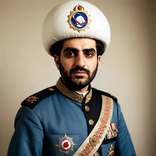 Prompt: An Iranian man in a Qajar military uniform and an astronaut helmet from NASA


