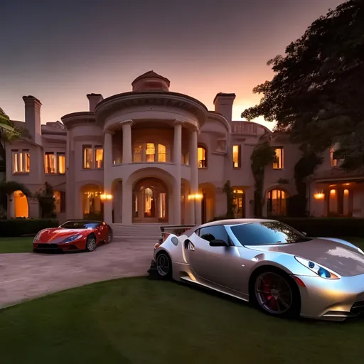Prompt: a mansion with a large circular drive way with beautiful sports car parked in front at sunset.