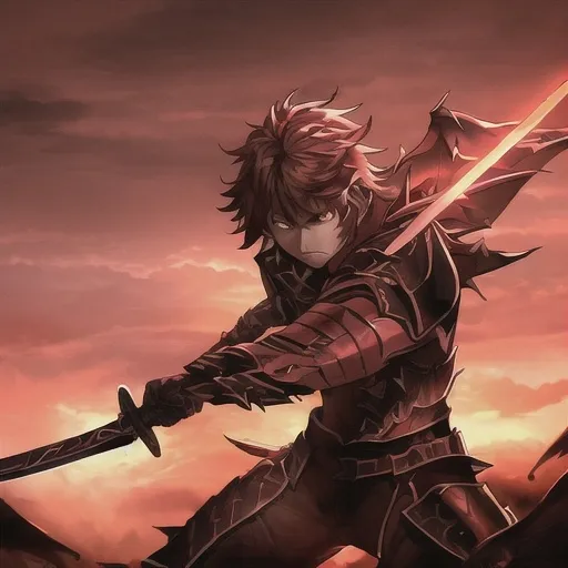 Prompt: (young adult warrior), holding a sword, determined expression, (setting: dramatic evening sky), clouds illuminated by a sunset glow, (fierce dragon silhouette) in the distance, tension in the atmosphere, (epic battle scene), high-quality details, (dynamic composition), rich, warm colors with deep shadows, (4K ultra-detailed), adventure and courage in the air.