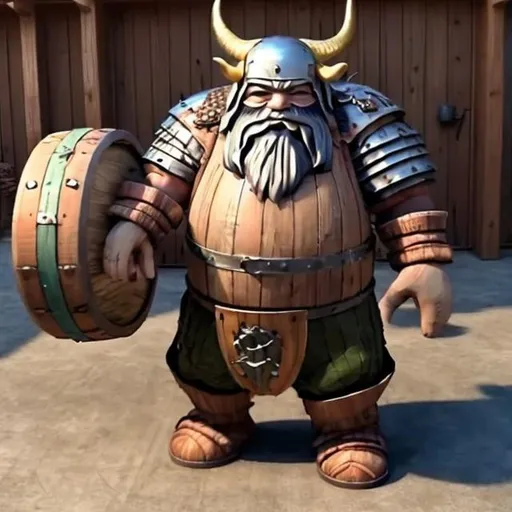 Prompt: Wooden dwarf with wood barrel, reinforced metal bands, keg torso spigot pants and metal helmet with horns