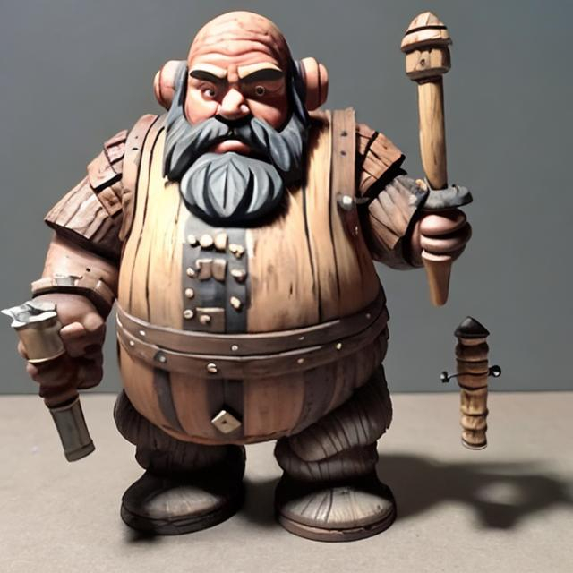 Prompt: Wooden dwarf with barrel keg torso and helmet