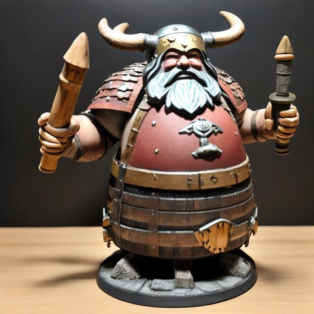 Prompt: Wooden dwarf with barrel keg torso and metal helmet with horns