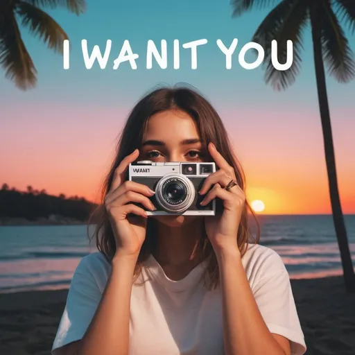 Prompt: make a music album cover with a a realistic person, not animation style, make it look very real like a disposable camera-look. with sunset and summer vibes. With the text "i want you" 