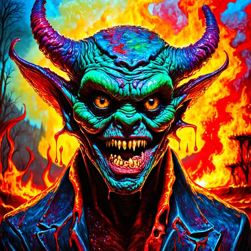 Prompt: Psychedelic demon creature, hell landscape, melting evil, trick of the eye painting, high quality, hyper-realistic, surreal, vibrant colors, chaotic composition, detailed textures, intense lighting, horror, surrealism, devilish, inferno, eerie glow, nightmarish, demonic, vibrant, high-contrast, twisted, professional