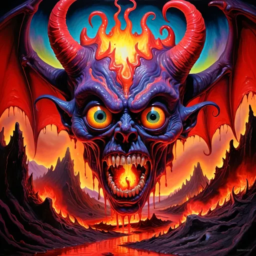 Prompt: Psychedelic demon creature, hell landscape, melting evil, trick of the eye painting, high quality, hyper-realistic, surreal, vibrant colors, chaotic composition, detailed textures, intense lighting, horror, surrealism, devilish, inferno, eerie glow, nightmarish, demonic, vibrant, high-contrast, twisted, professional