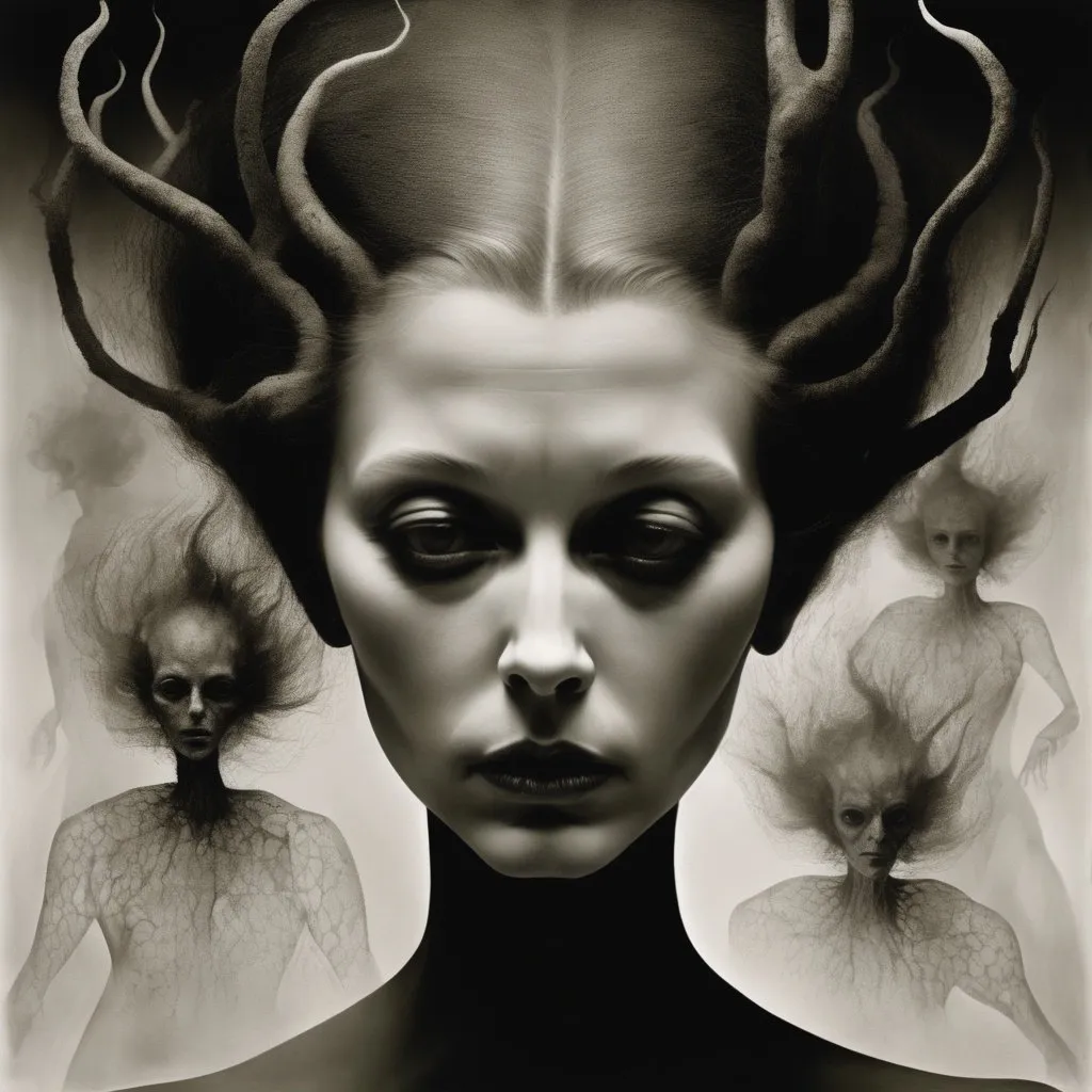 Prompt: Biomorphism, nightmarish, distorted reality, monochromatic tones, by Leonor Fini. surreal horror, digital painting