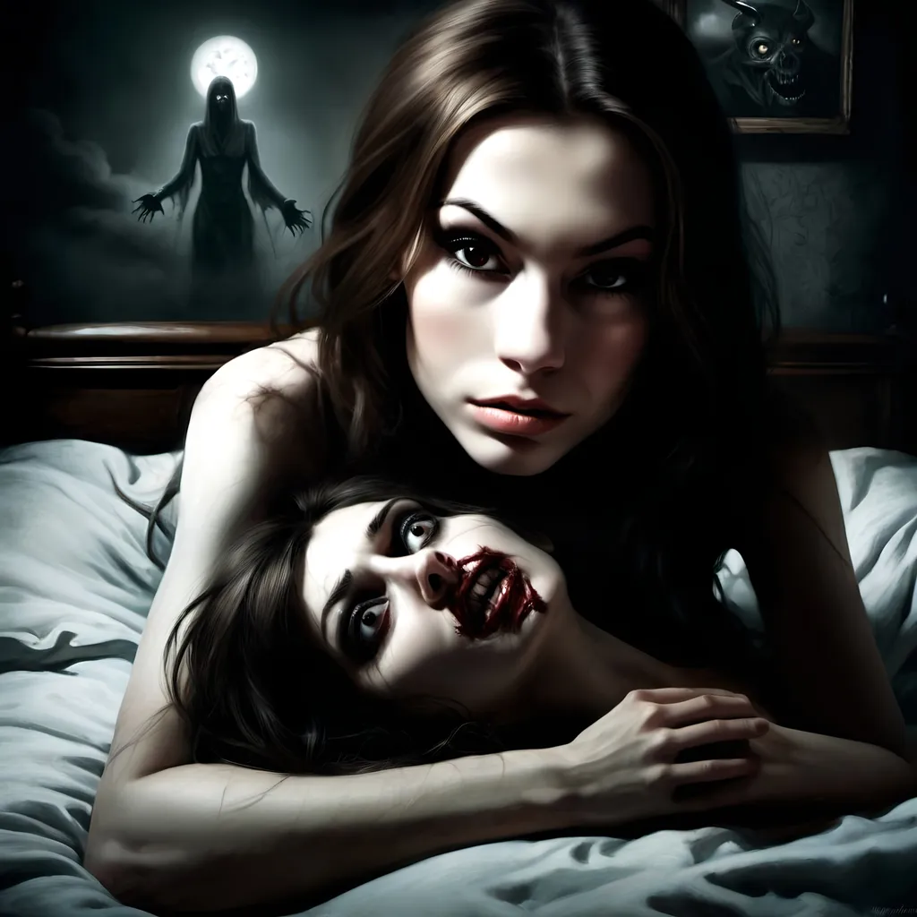 Prompt: Very eerie and dark image of a woman experiencing sleep paralysis, and a demon with soulless, hollow eyes is lurking at the foot of her bed watching her with a lifeless, sinister stare, Keith Thompson inspired, very detailed, gloomy atmosphere 