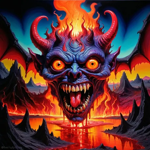 Prompt: Psychedelic demon creature, hell landscape, melting evil, trick of the eye painting, high quality, hyper-realistic, surreal, vibrant colors, chaotic composition, detailed textures, intense lighting, horror, surrealism, devilish, inferno, eerie glow, nightmarish, demonic, vibrant, high-contrast, twisted, professional