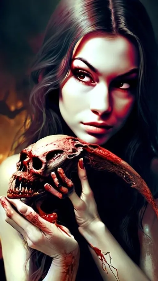 Prompt: eerie illustration of a woman holding the bloody remains of a detailed demon with soulless, hollow eyes, Keith Thompson inspired, gloomy atmosphere, very detailed, sinister stare, lifeless, detailed, highres, detailed eyes, dark, detailed demon, detailed woman, detailed atmosphere, professional, atmospheric lighting