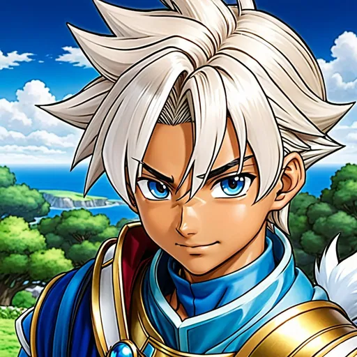 Prompt: light brown skin, halo, young adolescent, hero from Dragon quest IX, akira toriyama art style, white hair, blue eyes, male, darker skin color, white eyebrows 