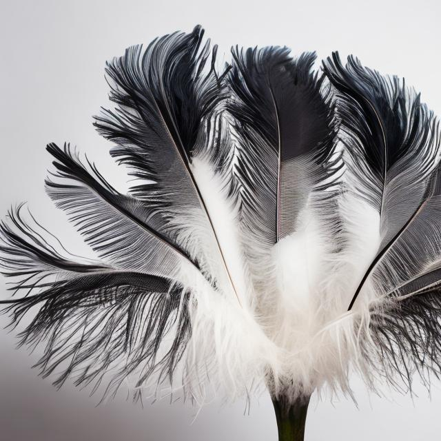 Prompt: we see a large black ostrich feather in the forefront against a pure white backdrop
