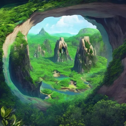 Prompt:  entrance to hollow earth with the most stunning views, tech greeny and beautiful greenery