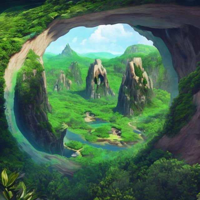 Prompt:  entrance to hollow earth with the most stunning views, tech greeny and beautiful greenery