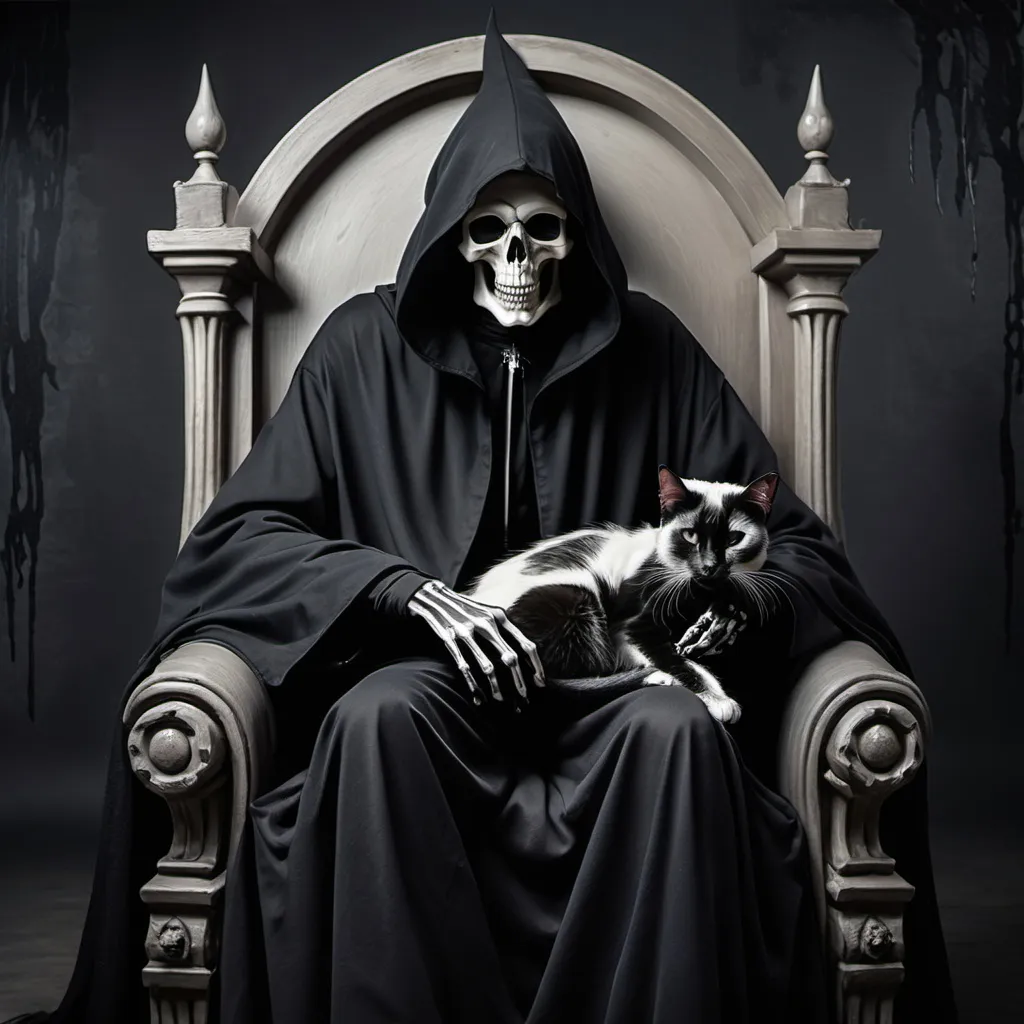 Prompt: Grim reaper sitting on throne with black cat on his lap