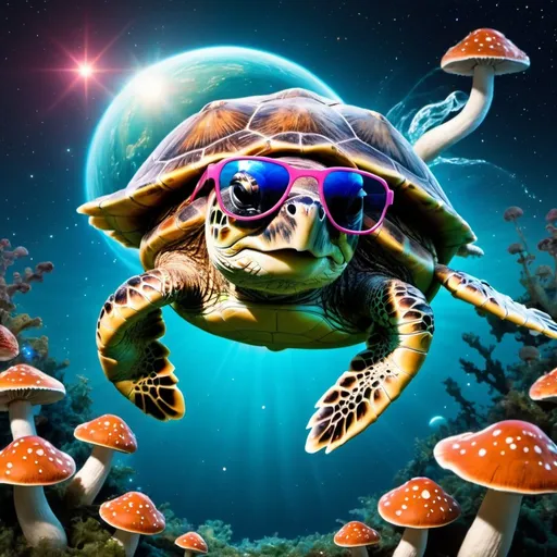 Prompt: Sea turtle riding a space wave with sunglasses on mushrooms
